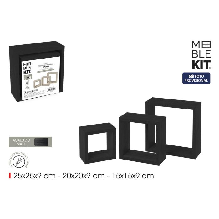 Moblekit Set 3 Estantes Flotantes Negros 25x25x9 cm, 20x20x9 cm, 15x15x9 cm (4 Unidades)