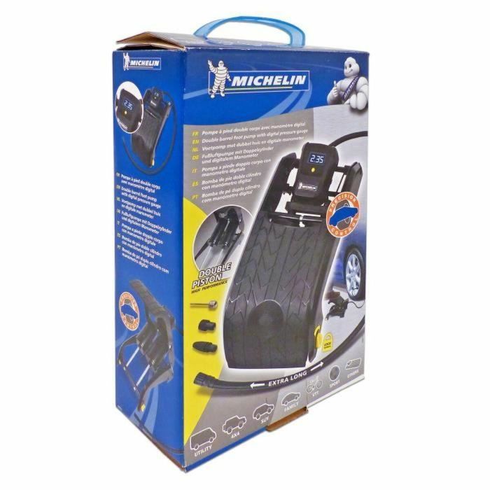 Michelin Bomba de pie doble pistón con manómetro digital, precisión 7 bares, manguera nylon 60cm y punta de latón. 2 Michelin Bomba de pie doble pistón con manómetro digital, precisión 7 bares, manguera nylon 60cm y punta de latón. 2