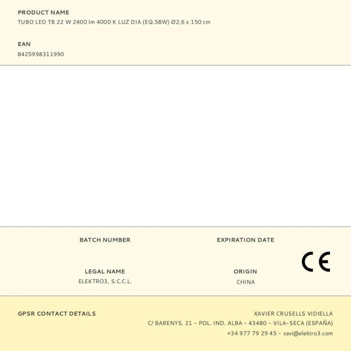 Edm Tubo LED T8 22W 2400lm 4000K Luz Día (Eq. 58W) Ø2,6 x 150 cm