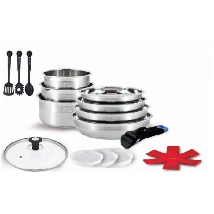 Arthur Martin ART3508510327404 Batería de Cocina 18 piezas de Acero Inoxidable 18/10, Mangos Extraíbles, para Todo Tipo de Fuegos, Incluida Inducción, Libre de PFOA/PFAS