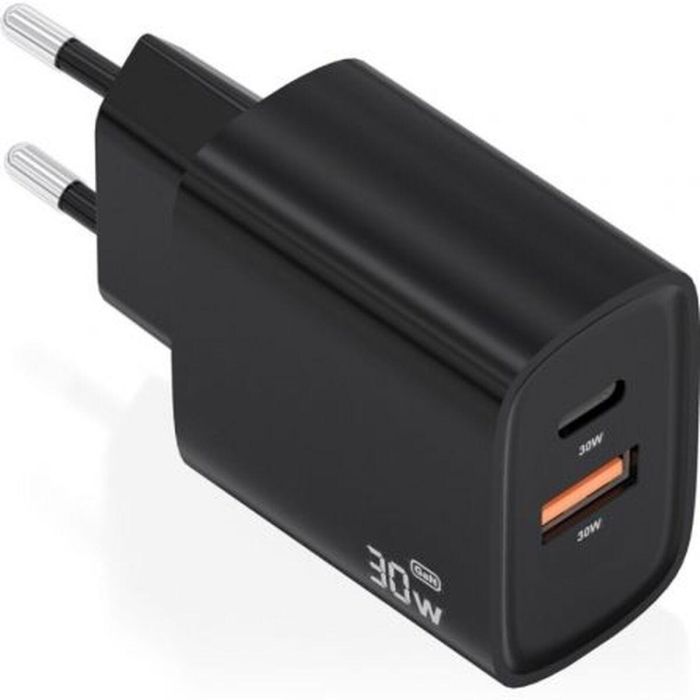 Aisens A110-0953 Cargador de Pared GaN 30W con 1xUSB Tipo-C PD3.0 QC4.0 y 1xUSB-A QC3.0 Negro
