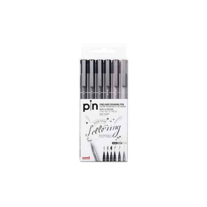 Uni-Ball Rotulador Calibrado PIN-200S-6P Surtido Gris y Negro, Estuche 6 Unidades con puntas 0.1 mm y 0.5 mm