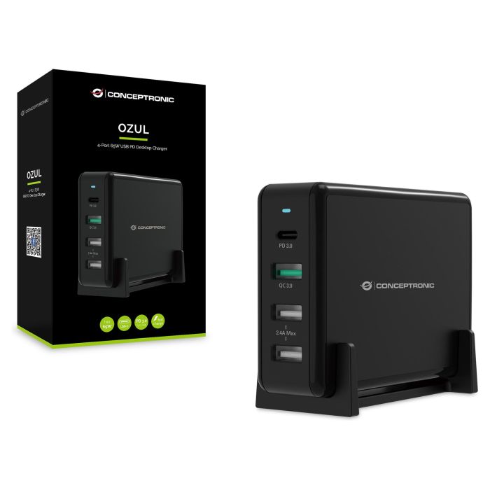 Conceptronic OZUL01B Cargador USB-C 65W Carga Rápida PD 3.0 y QC 3.0 para Nintendo Switch, iPad, iPhone, Samsung Galaxy, con Protección - Negro