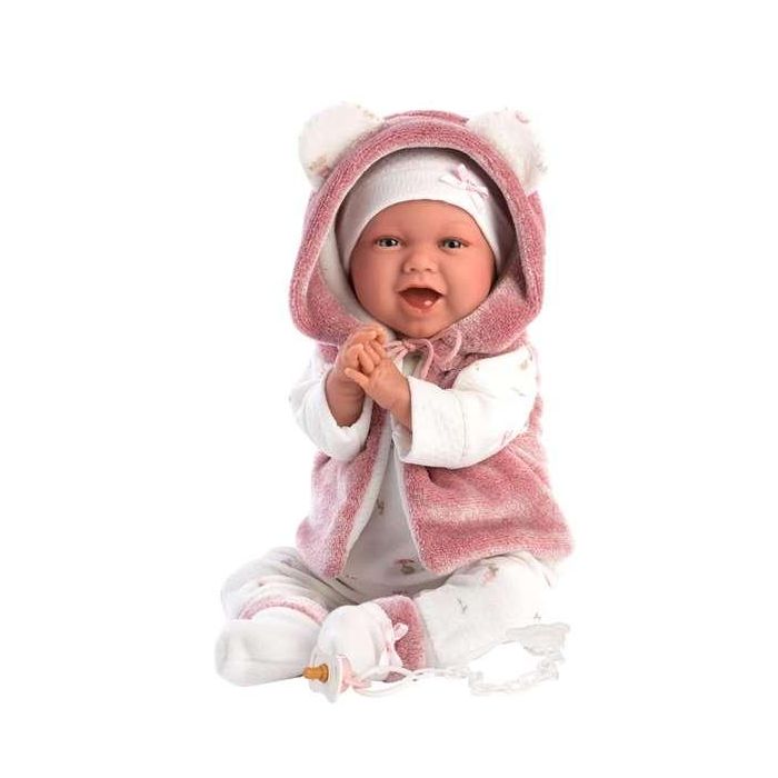 Muñeca recien nacida mimi sonrisas con chaqueta fucsia de pelo y chupete 40 cm cuerpo tela Muñeca recien nacida mimi sonrisas con chaqueta fucsia de pelo y chupete 40 cm cuerpo tela