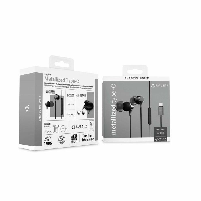 Energy Sistem Auriculares Metallized Type C con Cable, Diseño en Aluminio y Plástico Reciclado, Intrauditivos, Control de 3 Botones, Funda de Transporte 1 Energy Sistem Auriculares Metallized Type C con Cable, Diseño en Aluminio y Plástico Reciclado, Intrauditivos, Control de 3 Botones, Funda de Transporte 1