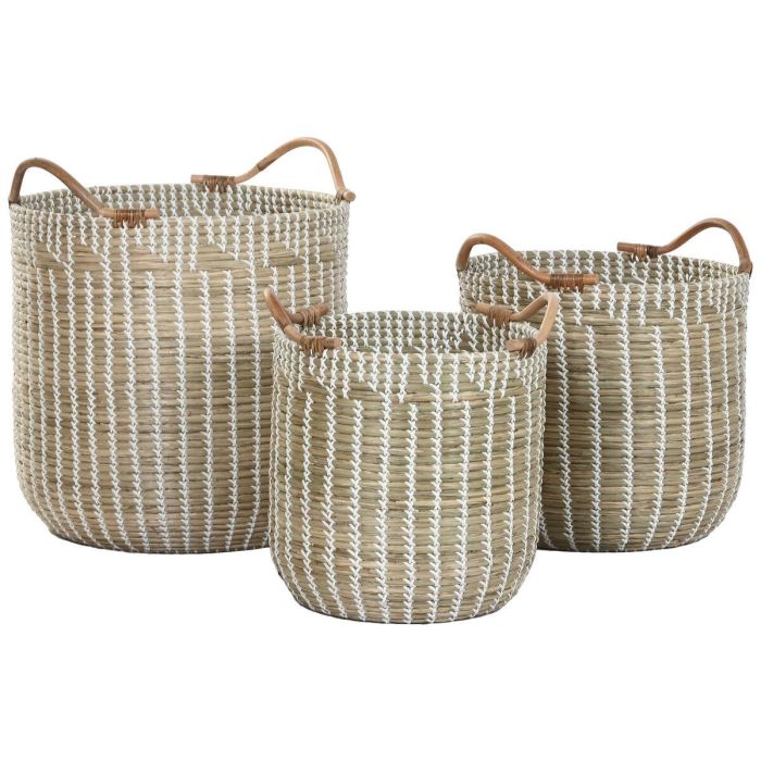 DKD Home Decor Cesta Boho Decorativa de Almacenamiento Hecha a Mano de Seagrass y Ratán, Set de 3, Colores Natural y Blanco, Medidas 45x55x51 cm 1 DKD Home Decor Cesta Boho Decorativa de Almacenamiento Hecha a Mano de Seagrass y Ratán, Set de 3, Colores Natural y Blanco, Medidas 45x55x51 cm 1