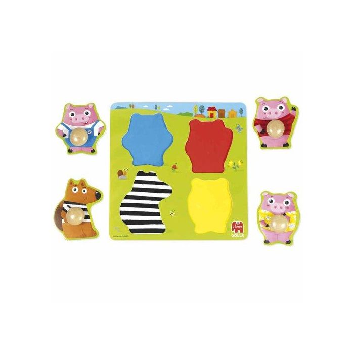 Goula 59452 Puzzle Los 3 Cerditos Madera 4 Piezas 22x22cm Pivote Grande para Bebés +12 Meses