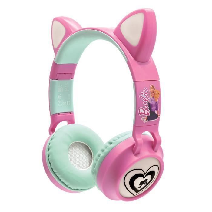 Barbie Auriculares inalámbricos 2-en-1 con orejas de gato y luz LED, Bluetooth 5.0, micrófono, recargables con cable extraíble para niños 1