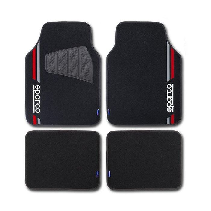 Sparco Alfombra Moqueta Corsa Roja SPCF508RD con Logo y Franja Roja de Goma, Juego de 4 Unidades, Universales, Antideslizantes, Fáciles de Limpiar 1