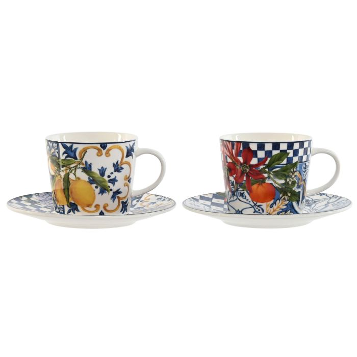 Taza Set Plato Moderno DKD Home Decor Azul Amarillo 15.5 x 1.7 x 15.5 cm (6 Unidades)