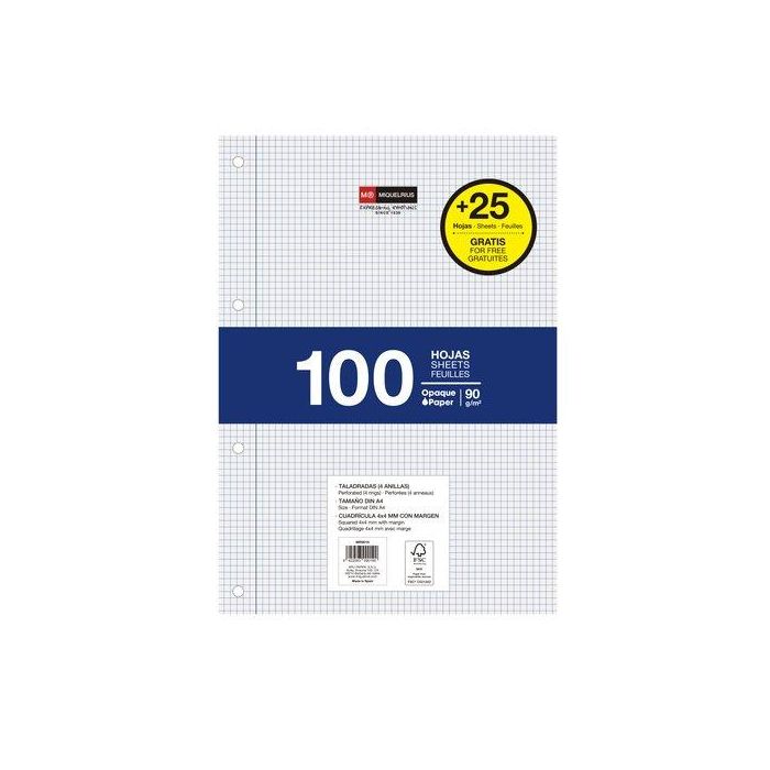 Recambio Miquelrius Notebook 1 A4 125H (100+25) 90Gr 4 Taladros Cuadric.4X4 C/Margen Azul