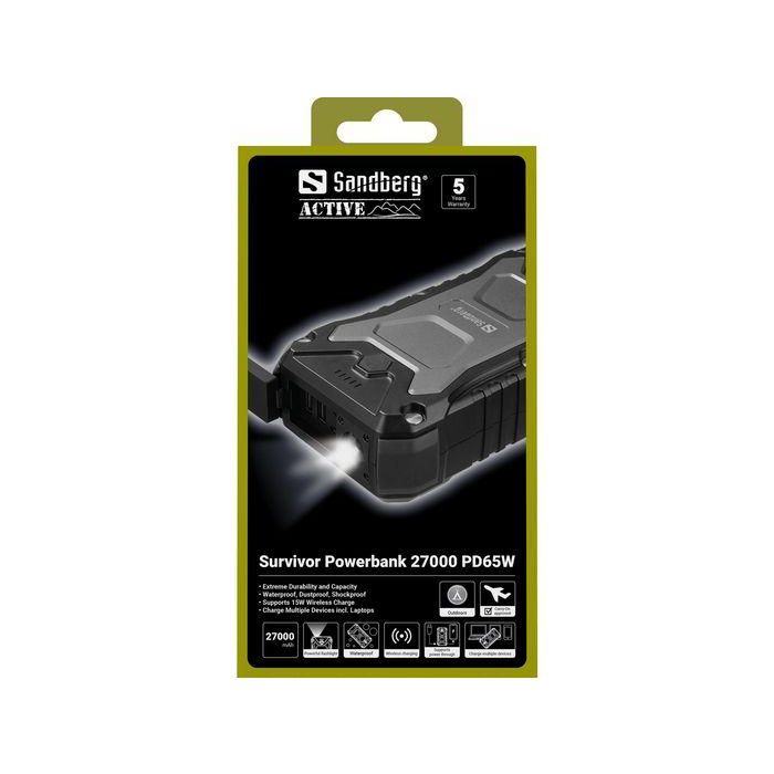 Sandberg Survivor Powerbank 27000 PD65W IP66 Resistente Agua/Golpes/Polvo, Batería Externa Carga Rápida 65W Portátil y 18W Móvil QC 3