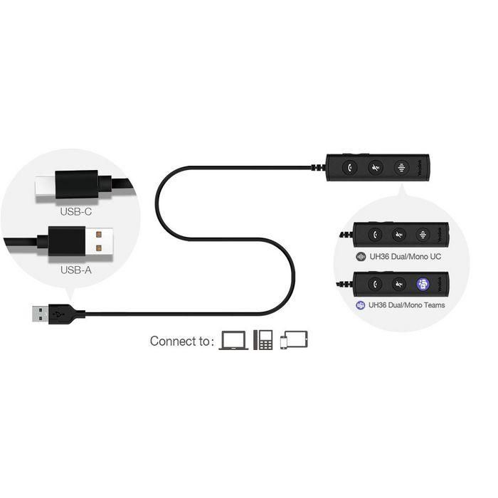 Yealink UH36 Mono Teams Headset USB-A/C y Jack 3.5mm, Micrófono Cancelación Ruido, Audio HD, Comodidad Superior para UC y Oficina. 3