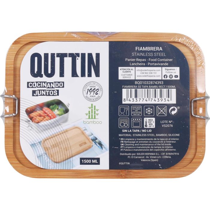 Quttin Fiambrera acero inoxidable con tapa de bambú rectangular 1500 ml - 20.5 cm x 15 cm x 7.7 cm (6 Unidades) 5