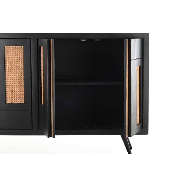 DKD Home Decor Buffet Negro y Natural de Madera de Mango y Ratán con Patas de Metal, 4 Puertas, 2 Estanterías, 160x40x90 cm 3 DKD Home Decor Buffet Negro y Natural de Madera de Mango y Ratán con Patas de Metal, 4 Puertas, 2 Estanterías, 160x40x90 cm 3