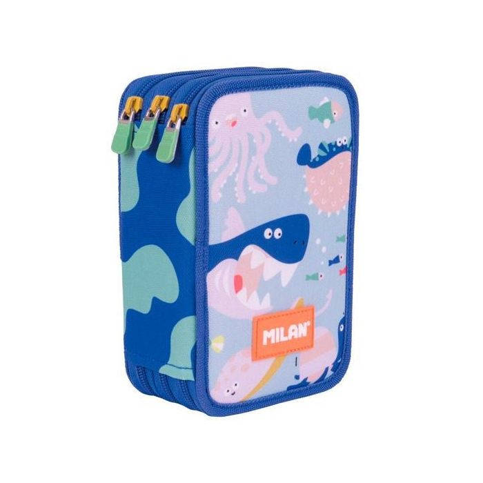 Milan Plumier 3 Pisos Con Contenido 49 Piezas para Material Escolar Serie Especial Blue Odyssey Fauna Marina