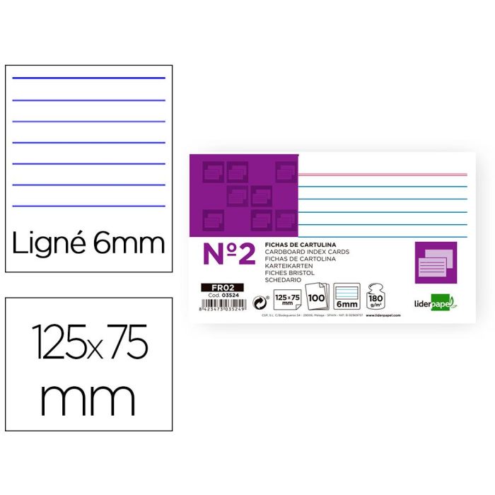 Ficha Liderpapel Rayada Nº2 75x125 mm 180 gr-M2 Paquete De 100 Unidades