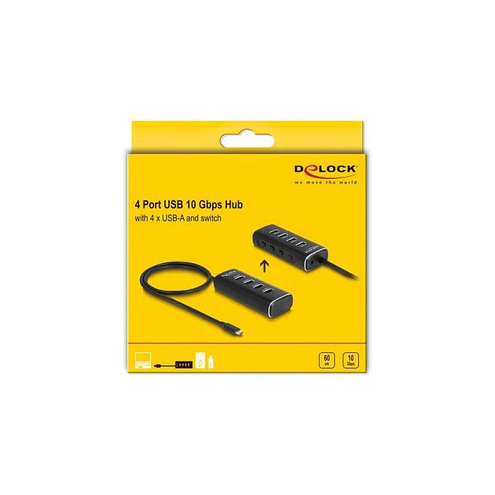 DeLOCK Concentrador USB 4 Puertos USB 3.2 Gen 1 a 10 Gbps con Tipo-C, Cable 60 cm, Interruptor por Puerto, Metal Negro 4 DeLOCK Concentrador USB 4 Puertos USB 3.2 Gen 1 a 10 Gbps con Tipo-C, Cable 60 cm, Interruptor por Puerto, Metal Negro 4