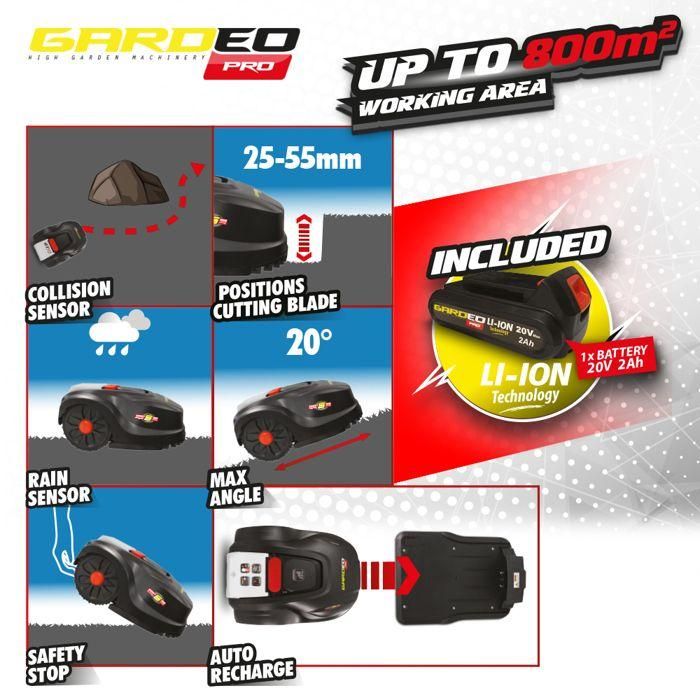 Gardeo GRO20V20WIFI-2A Robot cortacésped 20V 800m² programable con WiFi 3