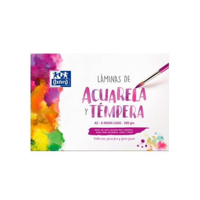 Oxford Láminas Para Pintura Acuarela Y Témpera 6H 300 gr A3 Liso Blanco