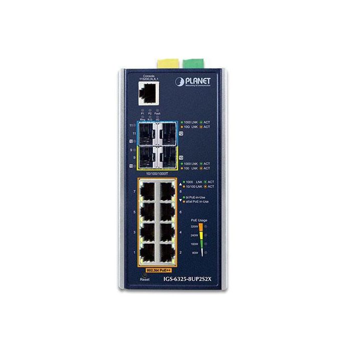 Planet IGS-6325-8UP2S2X Switch Industrial PoE Gigabit 8 Puertos 802.3bt + 2 SFP 10G + 2 SFP+ 10G Gestionable L3 2
