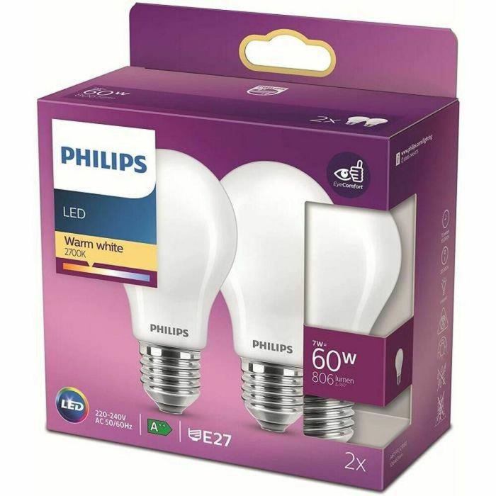 Philips Bombilla LED Equivalente 60 W E27 Blanco cálido no regulable, vidrio, juego de 2 3