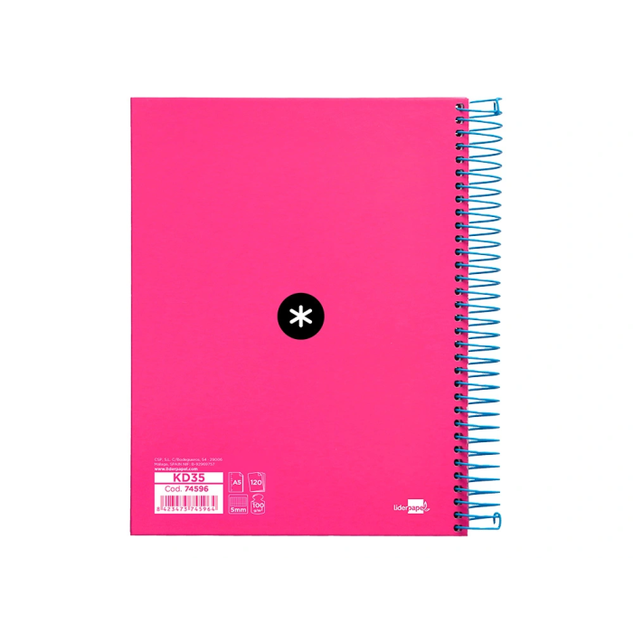 Antartik Cuaderno Espiral A5 Micro Tapa Forrada 120 Hojas 90gr Cuadro 5mm Banda S 6 Taladros Rosa 2