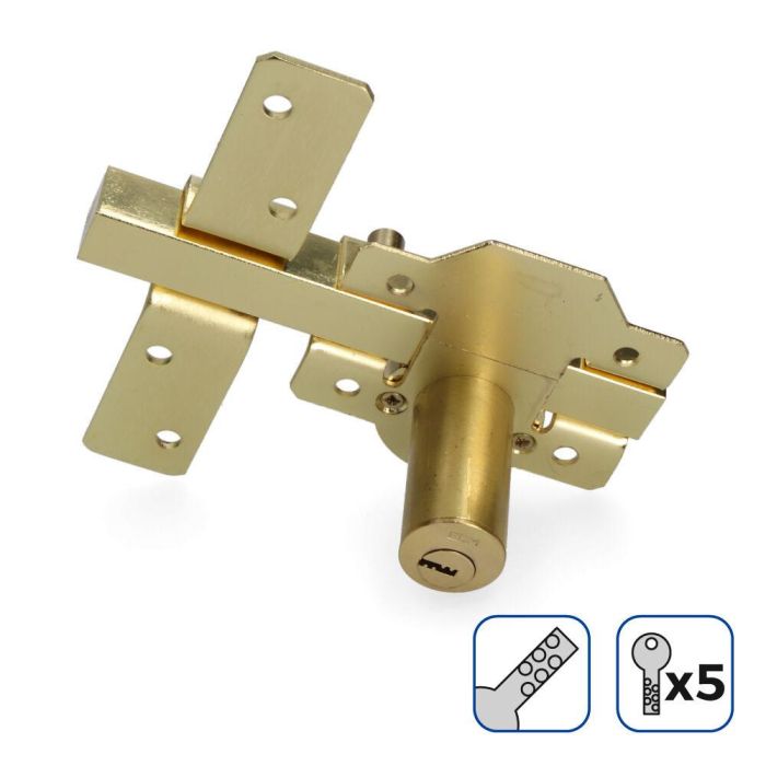 Cerrojo de superficie dorado con cilindro redondo de seguridad y pestillo apertura 1 Cerrojo de superficie dorado con cilindro redondo de seguridad y pestillo apertura 1