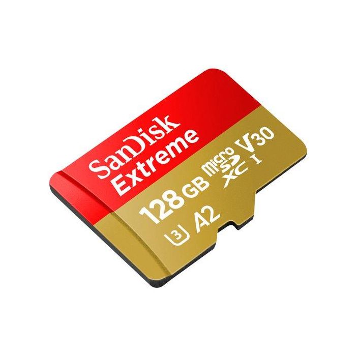SanDisk Extreme microSDXC Tarjeta de Memoria 128 GB con Adaptador SD, Velocidad Lectura 190 MB/s, Escritura 90 MB/s, UHS-I U3, V30, A2, Resistente para 4K, Drones, Smartphones