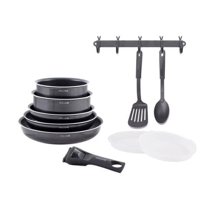 Batería de cocina - Todas las fuentes de calor, incluida la inducción - ART & CUISINE - AC1083 - Aluminio - 10 piezas - Negro