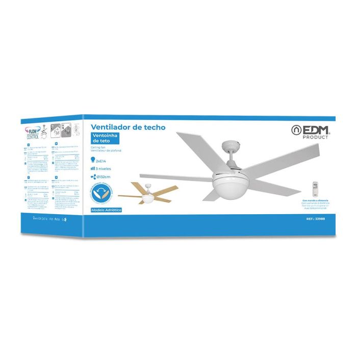 Ventilador de techo modelo adriatico. color blanco. potencia: 60w aspas: ø132cm con mando a distancia edm 4