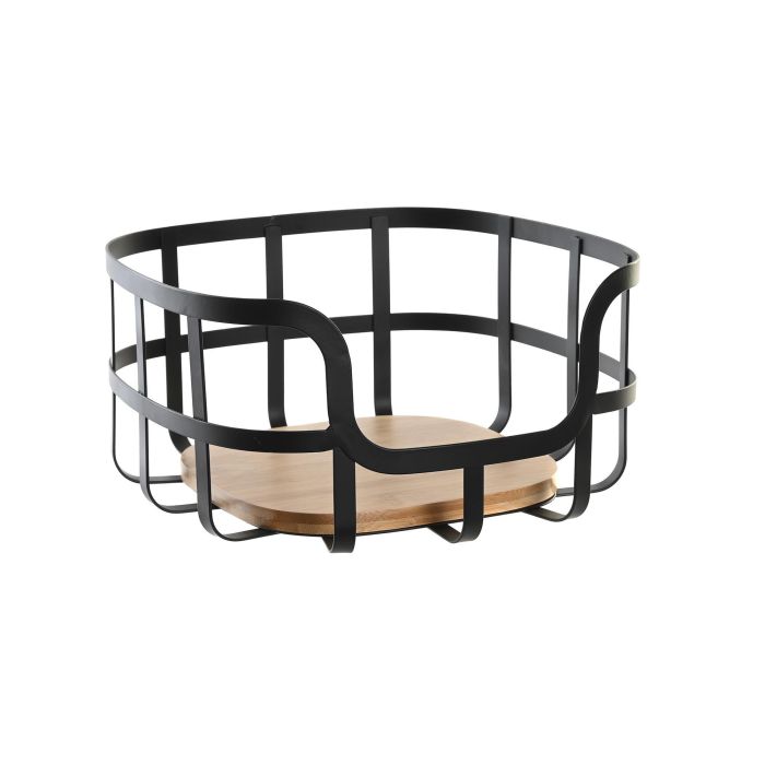 DKD Home Decor Frutero de Mesa para Cocina Cesta Frutas Acero y Bambú Colección Iron Black Básicos Negro Natural 24x24x12.7 cm
