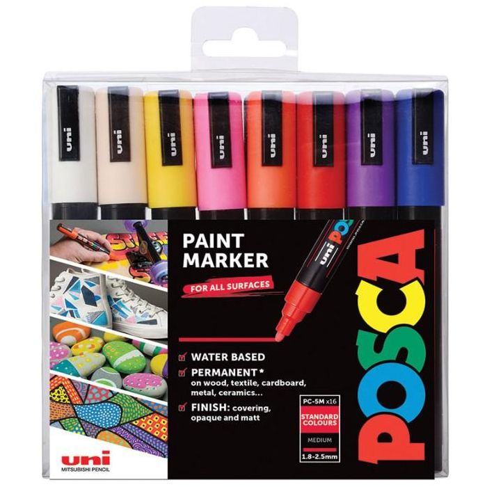 POSCA PC-5M Set 16 Marcadores Punta Redonda Media de Tinta Base Agua Colores Surtidos para Múltiples Superficies