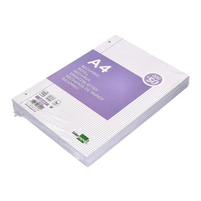 Recambio Liderpapel A4 200+50 Hojas 90 gr-M2 Cuadro 4 mm Con Margen 4 Taladros 4