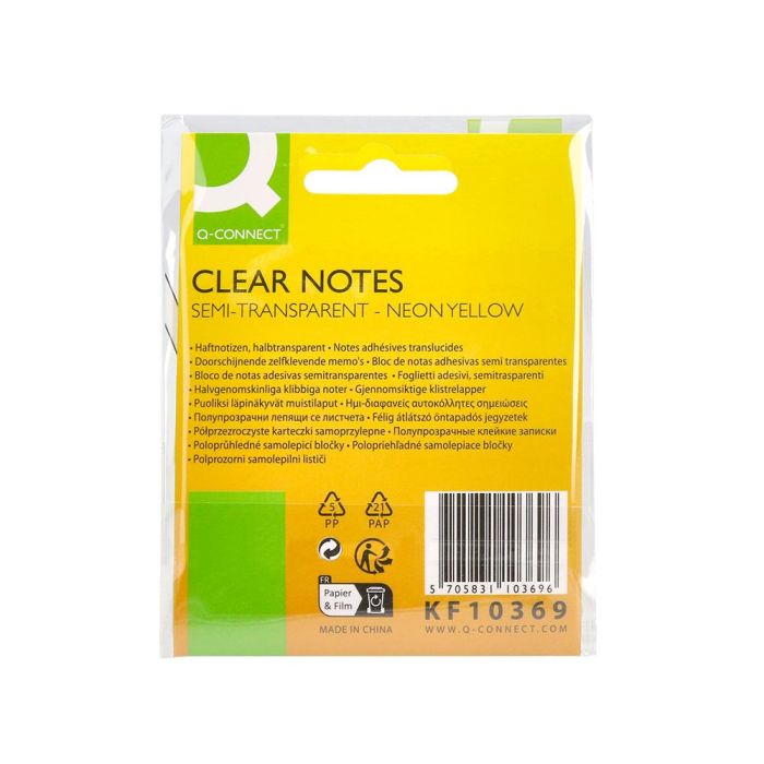 Bloc De Notas Adhesivas Quita Y Pon Q-Connect 76x76 mm Removible Plastico Translucido Amarillo Neon Con 50 Hojas 3