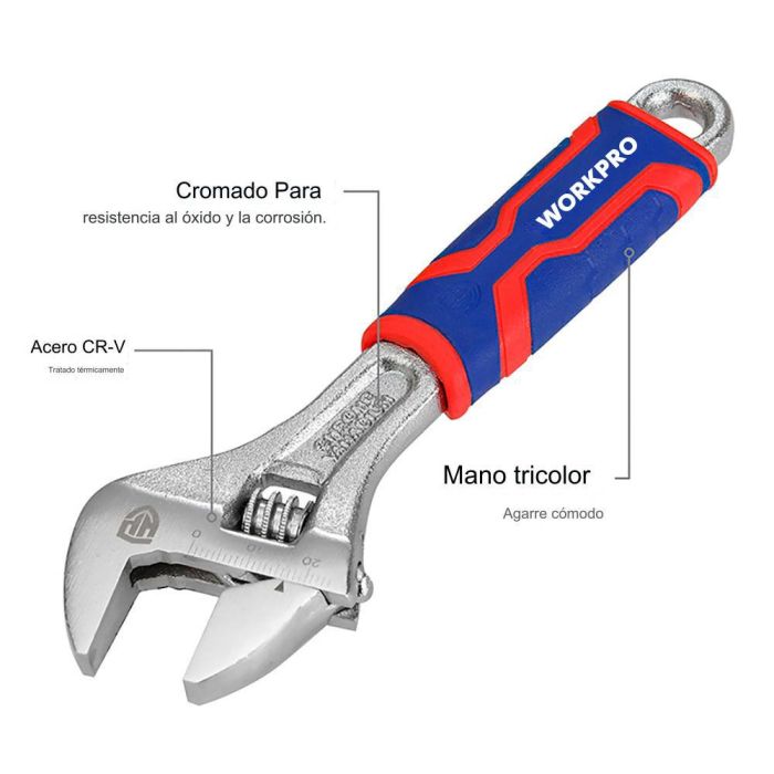 Workpro Llave ajustable 150mm acero al cromo-vanadio, mango bimaterial, resistente al óxido 5 Workpro Llave ajustable 150mm acero al cromo-vanadio, mango bimaterial, resistente al óxido 5