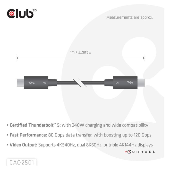 Club 3D CAC-2501 Cable Thunderbolt 5 Certificado 8K 240Hz / 80Gbps / 120Gbps 1m Negro 3