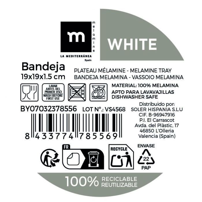 Bandeja Melamina White 19x19x1.5 cm La Mediterrane - Inde (24 Unidades) 1 Bandeja Melamina White 19x19x1.5 cm La Mediterrane - Inde (24 Unidades) 1