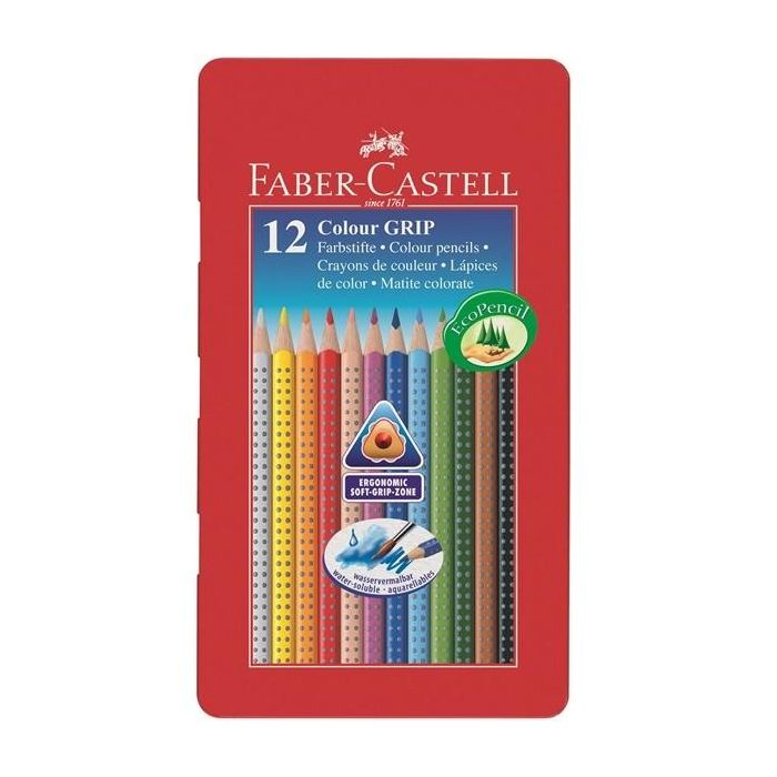 Faber Castell Lápices de colores acuarelables Colour Grip triangular, caja metálica 12 colores, mina SV anti-rotura, ergonómico