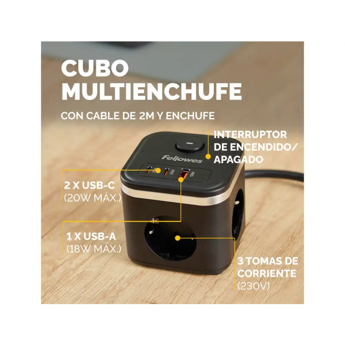 Fellowes Regleta Cubo Multienchufes 3 Tomas Corriente + 2xUSB-C + 1xUSB-A 2m Cable Negro 3