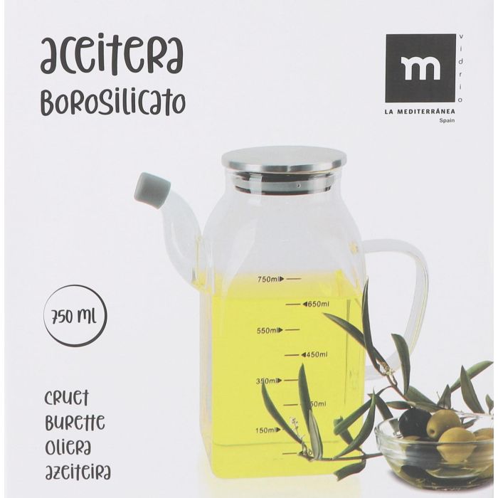 La Mediterranea Aceitera Cuadrada de Borosilicato con Tapa de Metal 750 ml (12 Unidades)