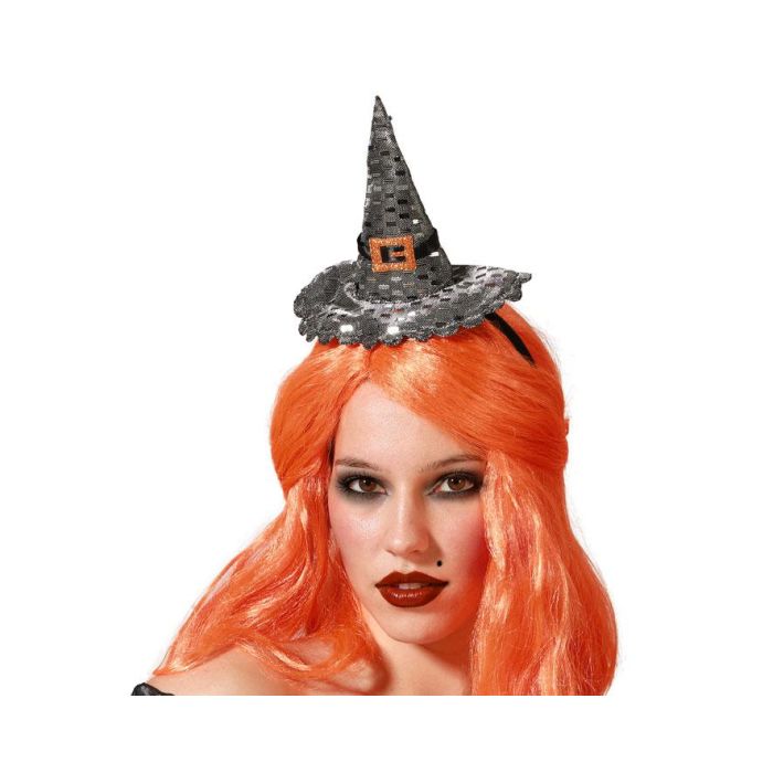 Diadema Sombrero Bruja Plateado Mujer Adulto Brillante para Halloween y Disfraces