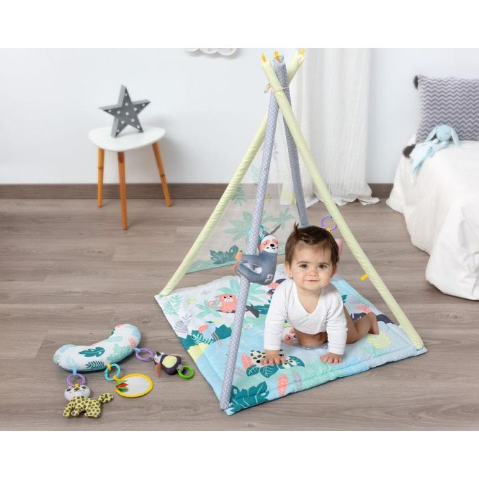 KioKids Teepee-Mantita de Actividades Perezoso 2 en 1, con 5 Juguetes (Peluches, Espejos, Mordedores) Multicolor para Bebés +0 Meses 3