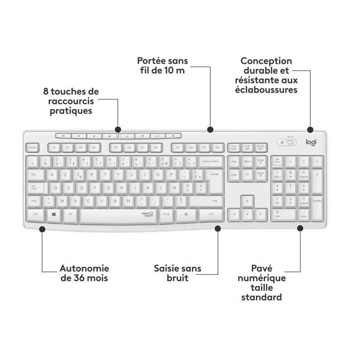 Pack Keyboard Mouse - Inalámbrico - Logitech - MK295 - SilentTouch - Teclado numérico - Teclado francés AZERTY - Blanco 4