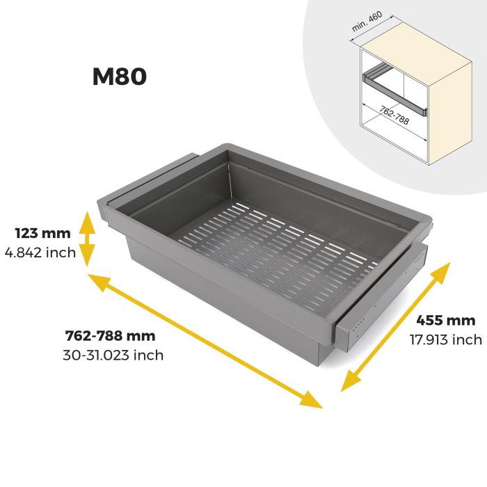 Emuca Kit de cajón metálico y bastidor regulable Quartz para armarios, guías de cierre suave y extracción total, Módulo 80cm, Acabado Titanio 10 Emuca Kit de cajón metálico y bastidor regulable Quartz para armarios, guías de cierre suave y extracción total, Módulo 80cm, Acabado Titanio 10