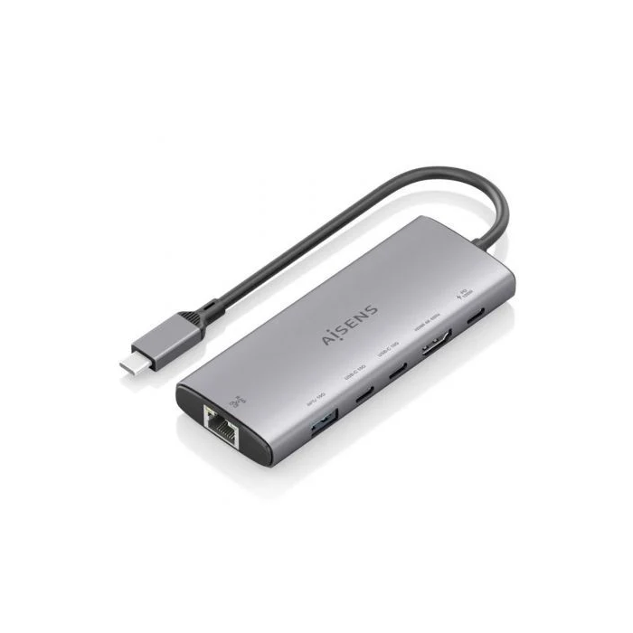 Aisens ASUC-6P030-GR Dock USB Tipo-C 6 en 1 con HDMI 4K 60Hz, 1xUSB-A 10Gbps, 2xUSB-C 10Gbps, 1xUSB-C PD 100W, 1xRJ45 Gigabit, Color Gris