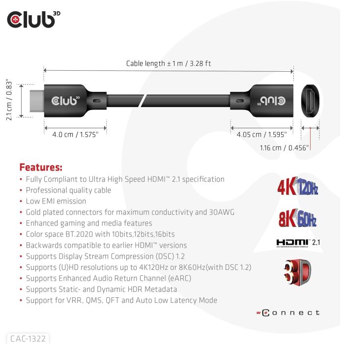 Club3D Cable HDMI 2.1 UHD Extensión 1 Metro Macho/Hembra St/Bu retail 2