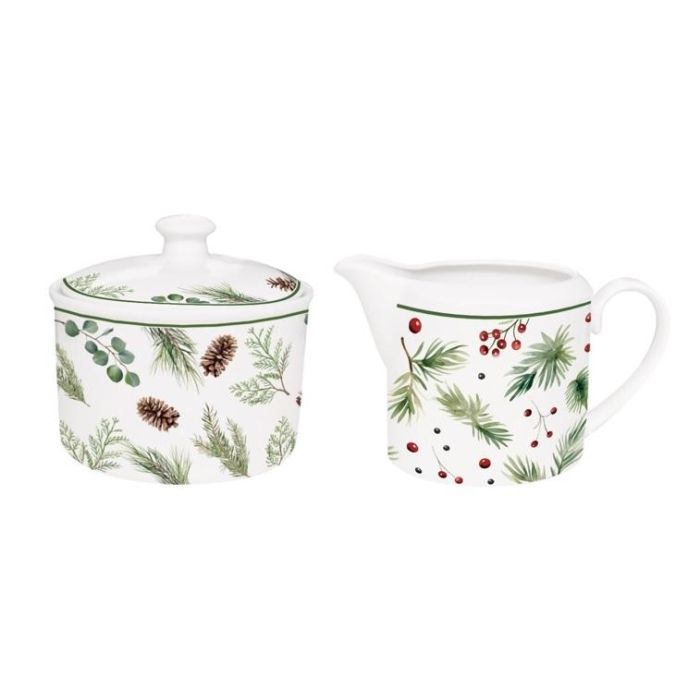 DKD Home Decor Set de 2 Azucareros y Lecheras de Porcelana Navidad Tradicional Acebo Verde Blanco 250ml (8.5 x 8 x 12 cm)