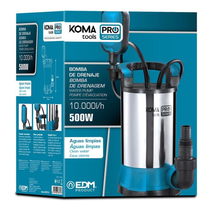 Koma Tools BAL-500 Bomba Sumergible Drenaje Aguas Limpias 500W Flotador Auto. Caudal 10000 L/h Altura 8m Inmersión 7m Inox 5mm 4