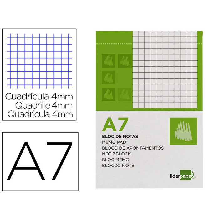 Liderpapel Bloc de notas A7 Cuadriculado 4mm 80 hojas 60g/m2 Perforado 0 Liderpapel Bloc de notas A7 Cuadriculado 4mm 80 hojas 60g/m2 Perforado 0